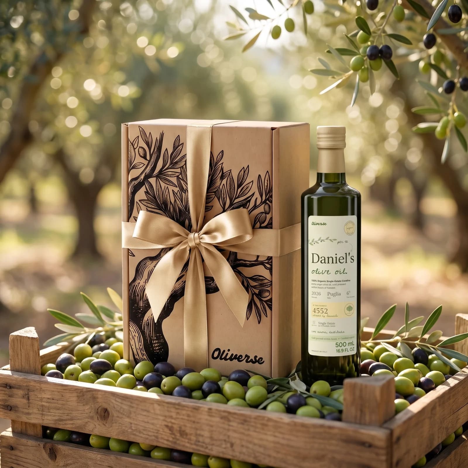 An Oliverse gift box tied with gold ribbon and a bottle labelled Daniel’s olive oil, in a crate of olives under the trees