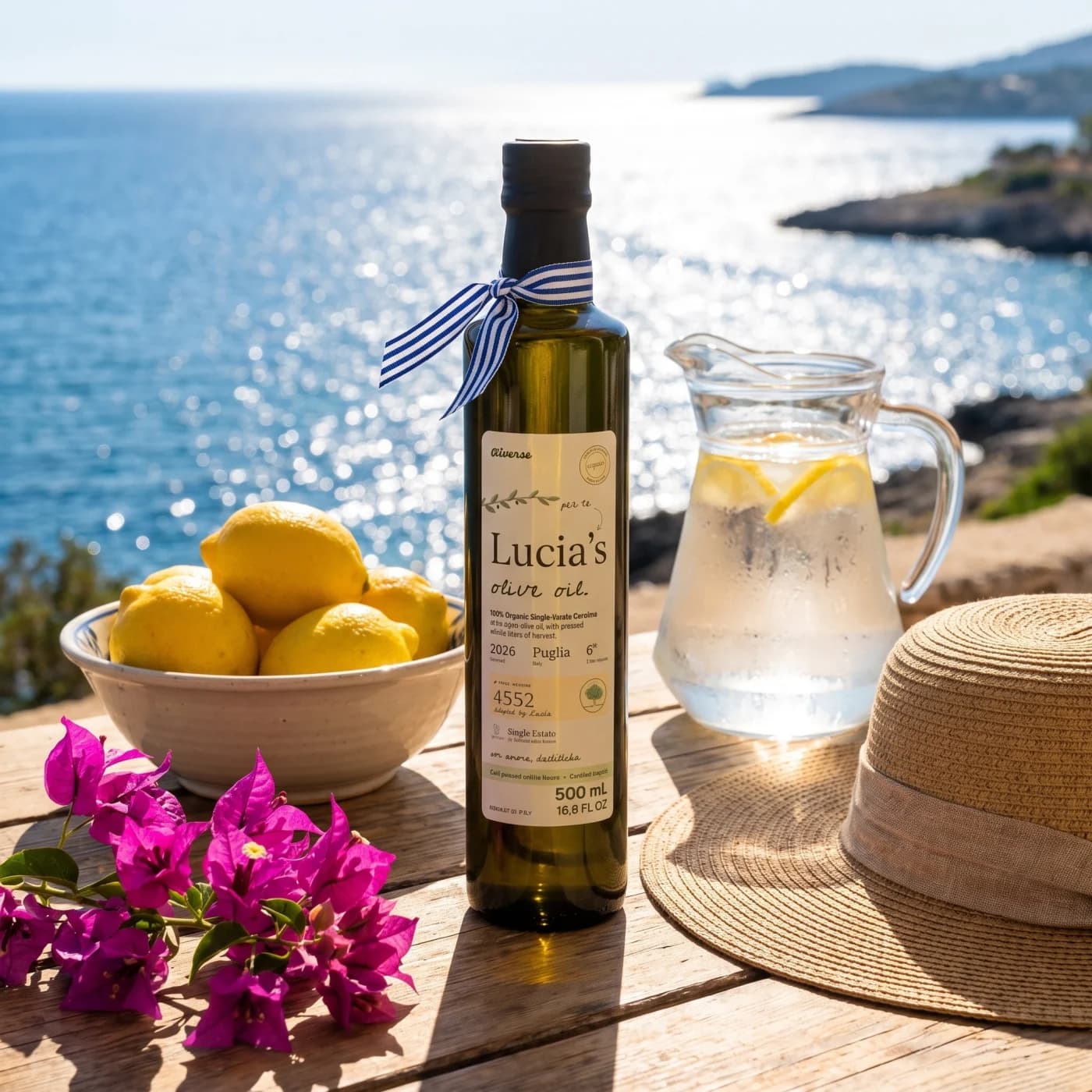 A bottle of olive oil and a glass of lemonade on a table above the sea