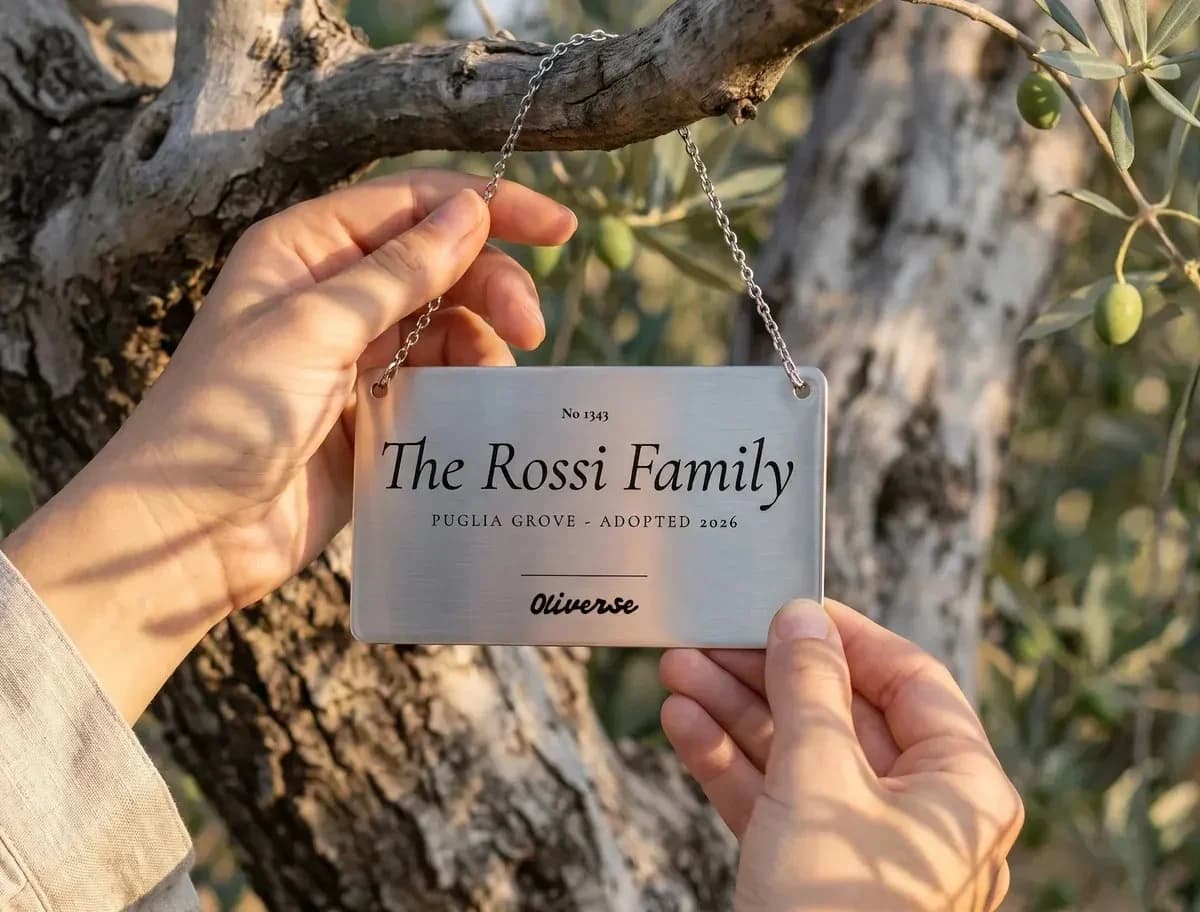 A wooden tag on an olive tree: tree number 1343, The Rossi Family