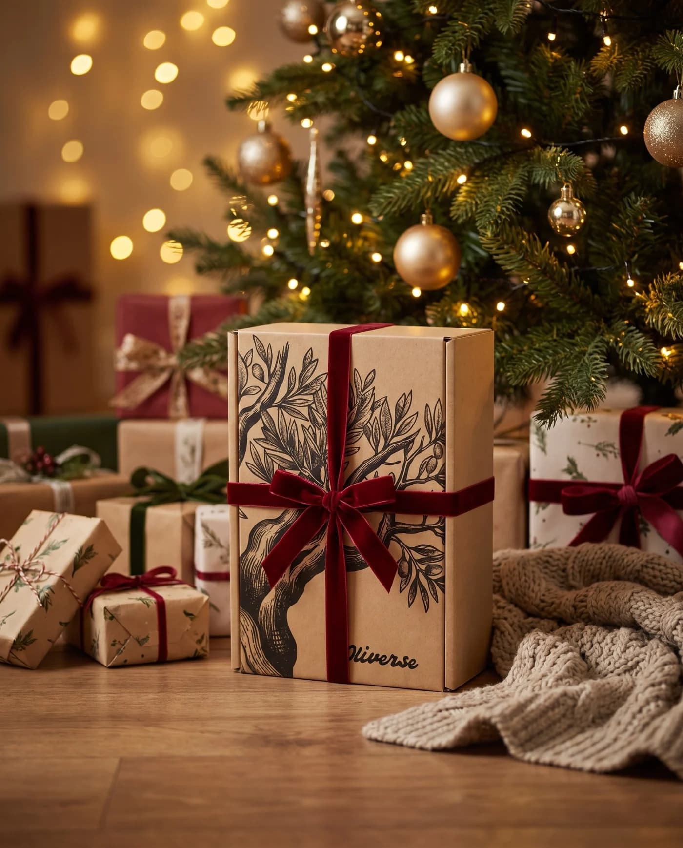 An Oliverse gift box with a red bow under a lit Christmas tree