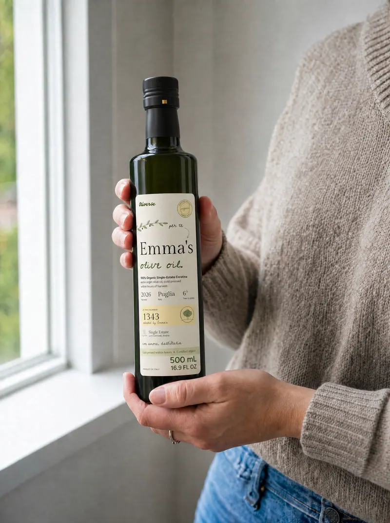 A woman at a sunlit window holding her personalized Oliverse bottle